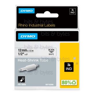 Dymo Rhino S0718300 (18055) Black on White Heat Shrink Tube Tape (12mm x 1.5m)