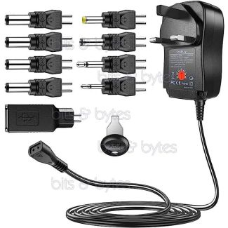 Universal AC-DC Power Supply Adapter - 3V to 12V 2.5A with 9 Detachable Connectors + USB Port