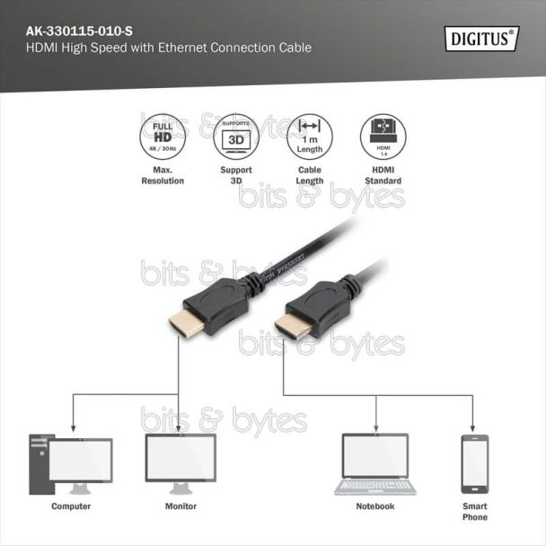 1.0m Micro-HDMI Plug to HDMI v1.4 Plug Cable AK-330109-010-S 4016032293774 AK-330115-010-S 4016032323006