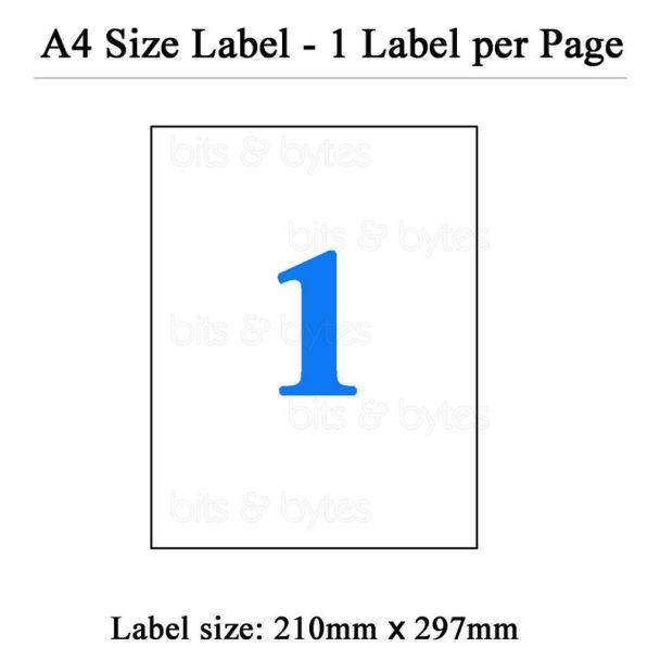 1 Label (210mm x 297mm) per A4 Sheet without Selvedge (100 Sheets)