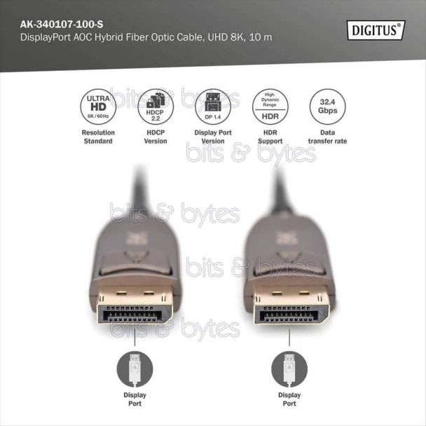 Digitus 10.0m Active DisplayPort v1.4 AOC Hybrid Fiber Optic Plug to Plug Cable AK-340107-100-S 4016032467076