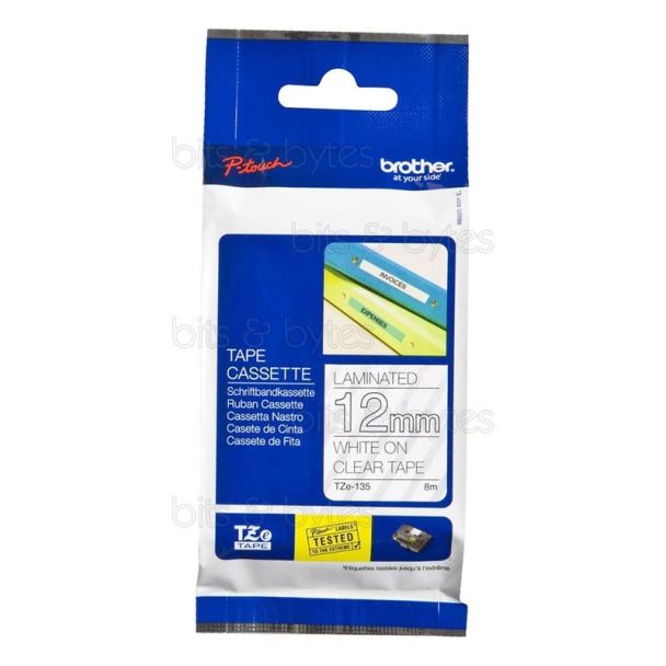 Brother TZe-135 White on Clear Thermal Laminated Label Tape (12mm x 8m)