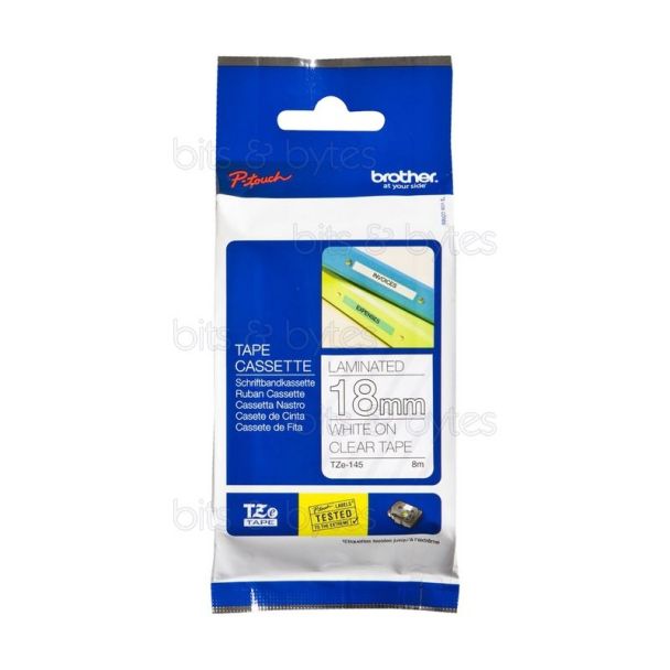 Brother TZe-145 White on Clear Thermal Laminated Label Tape (18mm x 8m)