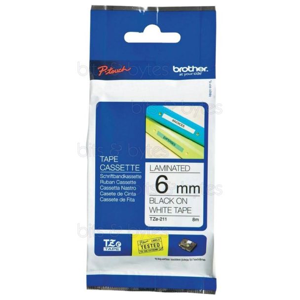 Brother TZe-211 Black on White Thermal Laminated Label Tape (6mm x 8m) 