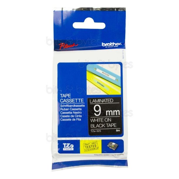 Brother TZe-325 White on Black Thermal Laminated Label Tape (9mm x 8m)