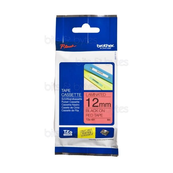 Brother TZe-431 Black on Red Laminated Thermal Label Tape (12mm x 8m)