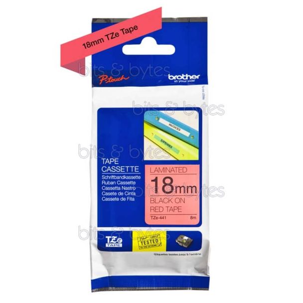 Brother TZe-441 Black on Red Laminated Thermal Label Tape (18mm x 8m) P-Touch