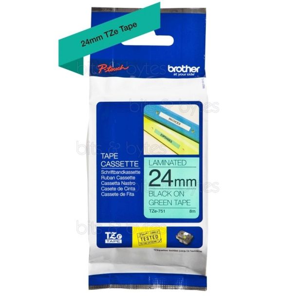 Brother TZe-751 Black on Green Laminated Thermal Label Tape (24mm x 8m)