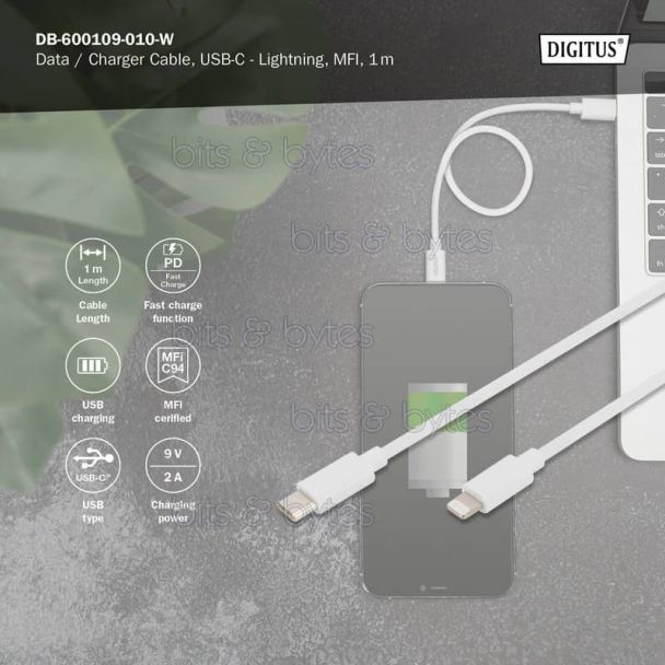 Digitus 1.0m Apple iPhone/iPad Lightning USB Type-C Data/Charger Cable DB-600109-010-W 4016032469957