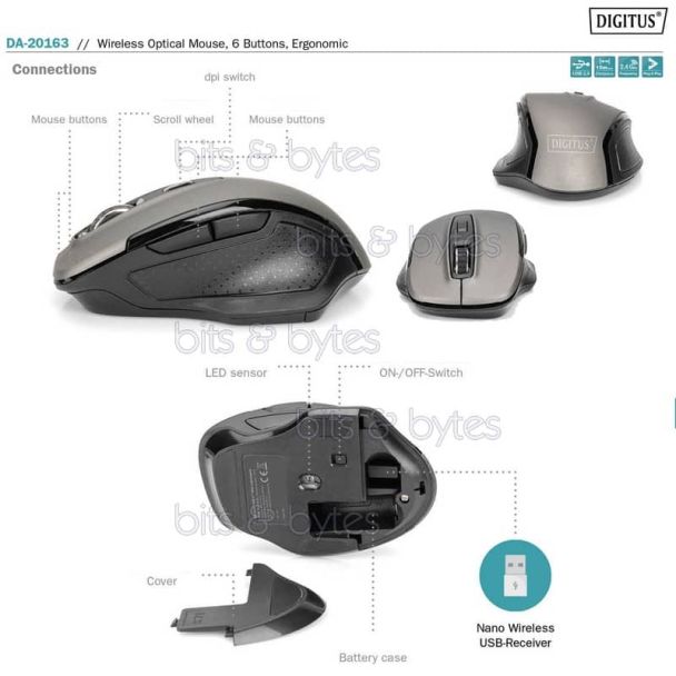 Digitus DA-20163 Ergonomic Optical 6 button Wireless Mouse - 1600dpi (USB 2.4GHz Receiver) 4016032482888