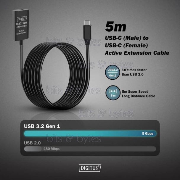 Digitus DA-73108 5.0m Active USB-C Extension 5Gbps Cable 4016032497387
