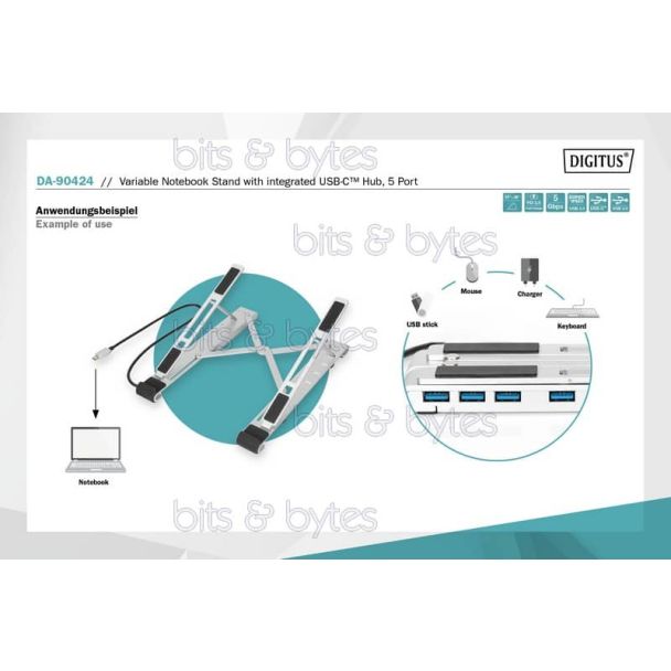 Digitus DA-90424 Laptop Stand with USB Hub (5 Adjustment Positions)