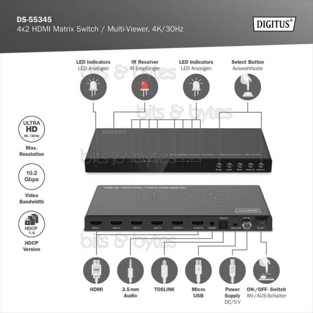 Digitus DS-55345 - 4 port HDMI Matrix Switch (4 In / 2 Out) with Audio Extractor 4016032495659