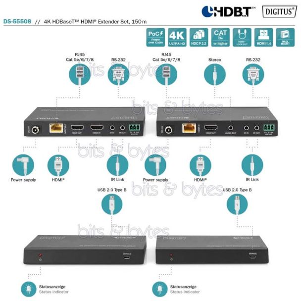 Digitus DS-55508 4K HDBaseT HDMI Extender Set over CAT6a or CAT7 with IR Function (up to 150 meters) 4016032478942