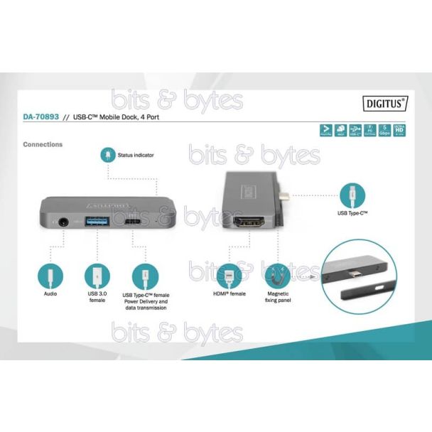 Digitus USB 3.1 Type-C Mobile Docking Station (HDMI / USB 3.0 / Audio / USB-C PD) DA-70893 4016032472537