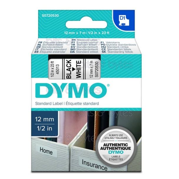 Dymo D1 S0720530 (45013) Black on White Thermal Label Tape (12mm x 7m) 