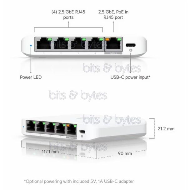 Ubiquiti USW-Flex-2.5G-5 - 5 Port 2.5GbE Network Desktop Switch 810084696040