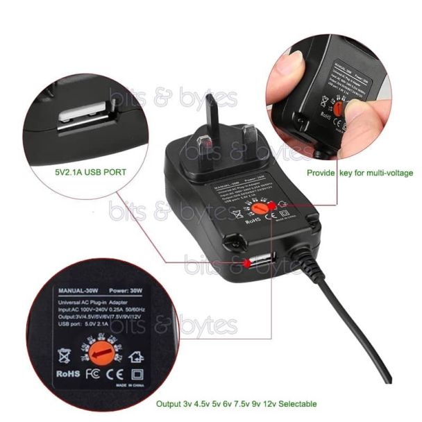 Universal AC-DC Power Supply Adapter - 3V to 12V 2.5A with 9 Detachable Connectors + USB Port
